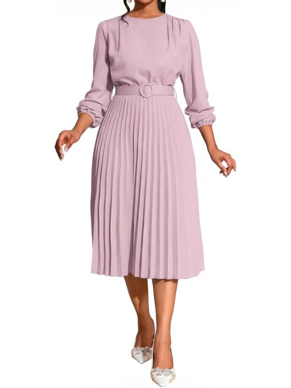🆕Women's Light Pink Pleated Midi Dress Long Sleeve Semi Formal Dress Casual